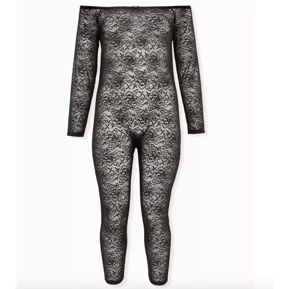 Torrid x Betsey Johnson Women Size 1 US 1X Sheer Lace Off Shoulder Catsuit Black - Picture 4 of 9